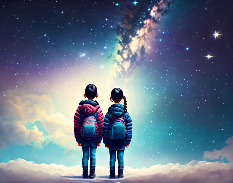 Children admiring colorful starry sky and clouds.