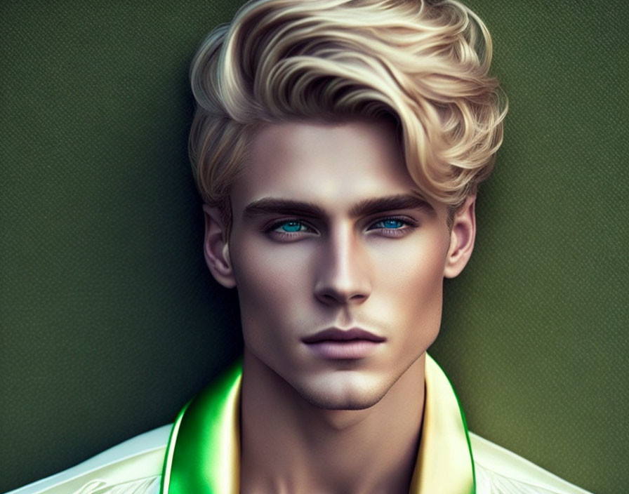 Portrait of a man with blue eyes, blond hair, and white shirt with green collar