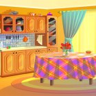 Colorful animated kitchen scene with character at table in warm lighting
