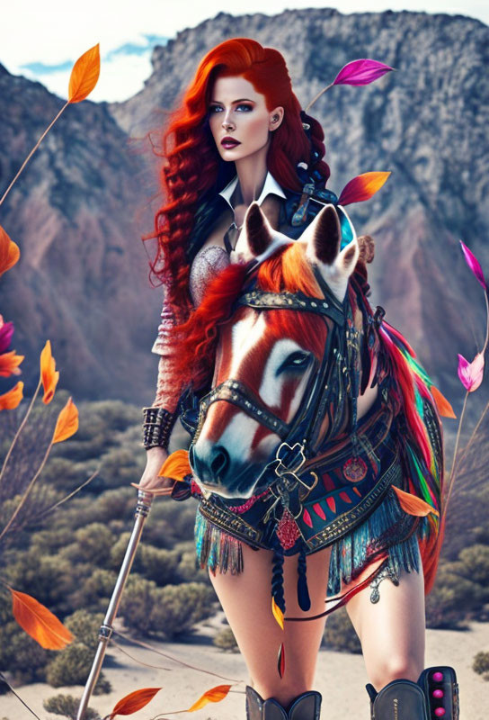 Vibrant red-haired woman with bold makeup beside decorated horse in autumn setting