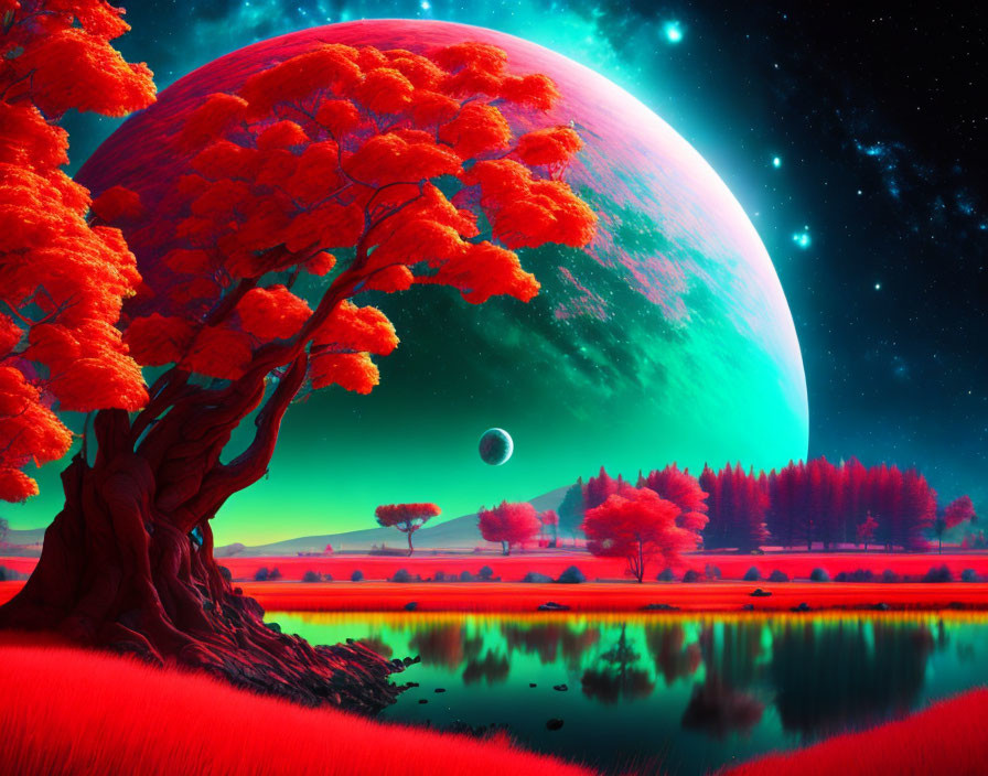 Surreal landscape with red tree, green planet, and starry night