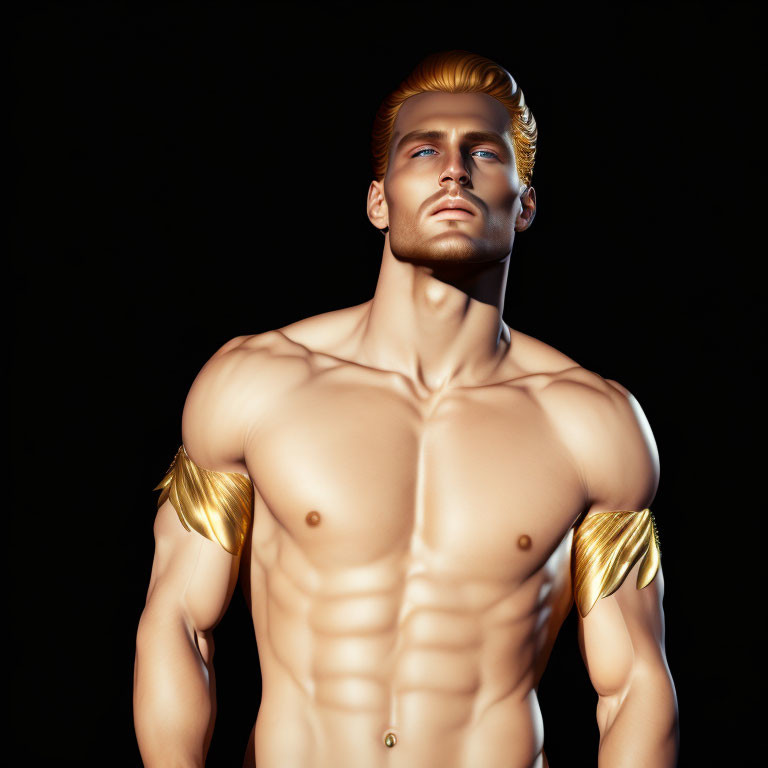Muscular man with golden bracelets and slicked-back hair in 3D render