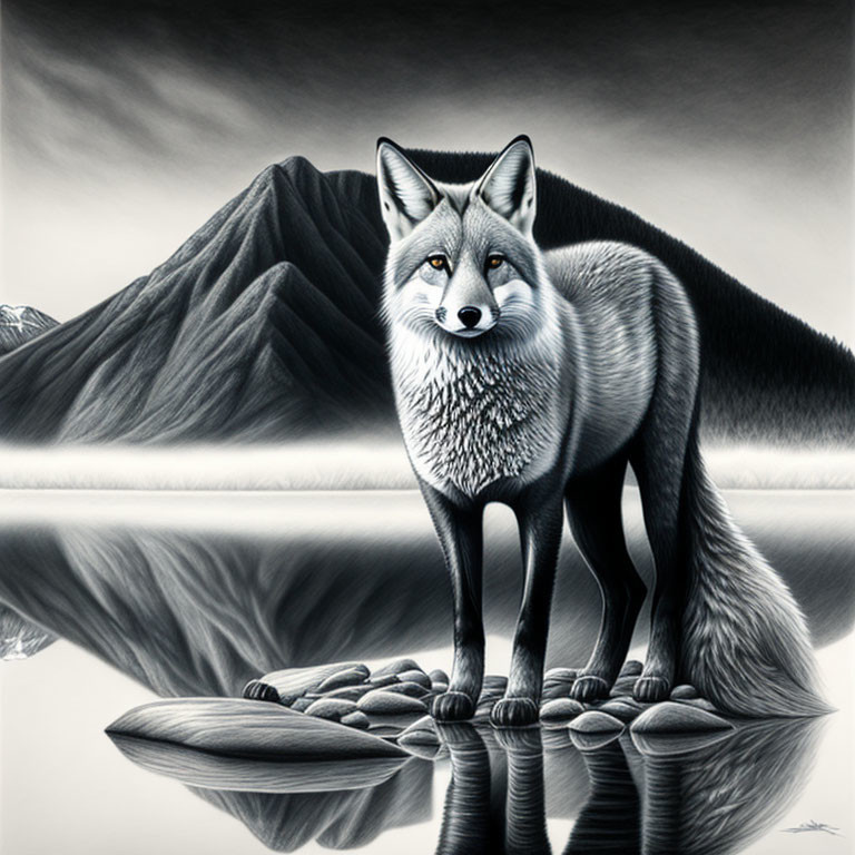 Monochrome drawing of fox on rocks by calm water with shaded mountains