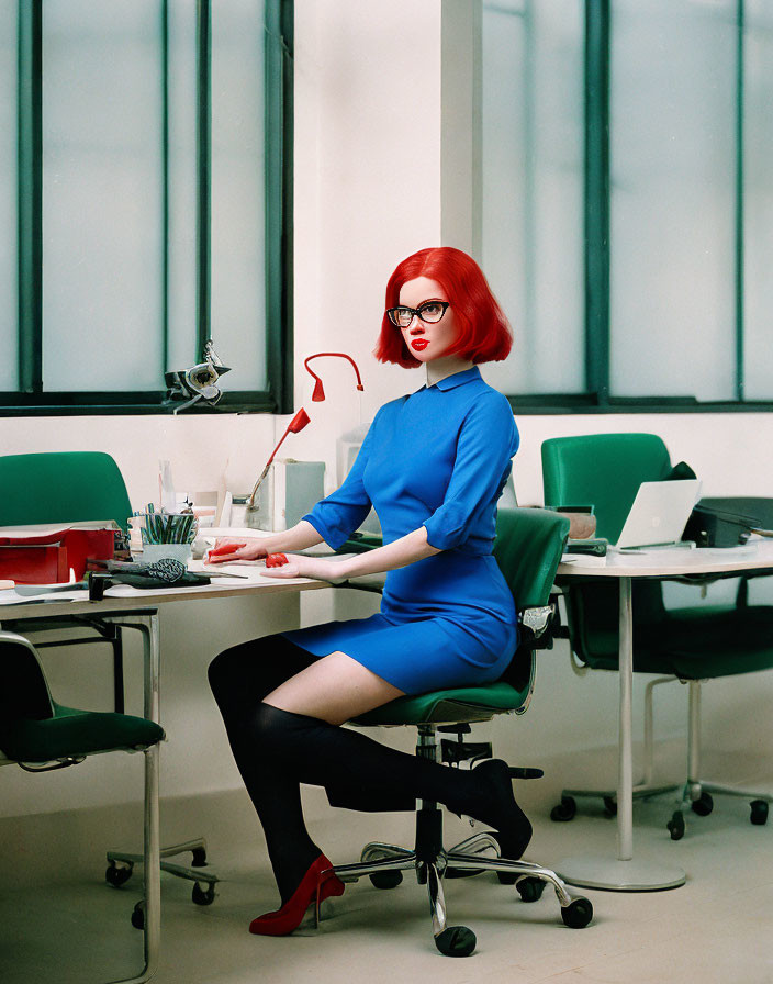 Red-haired woman in sunglasses at desk with blue dress and red heels in room with windows