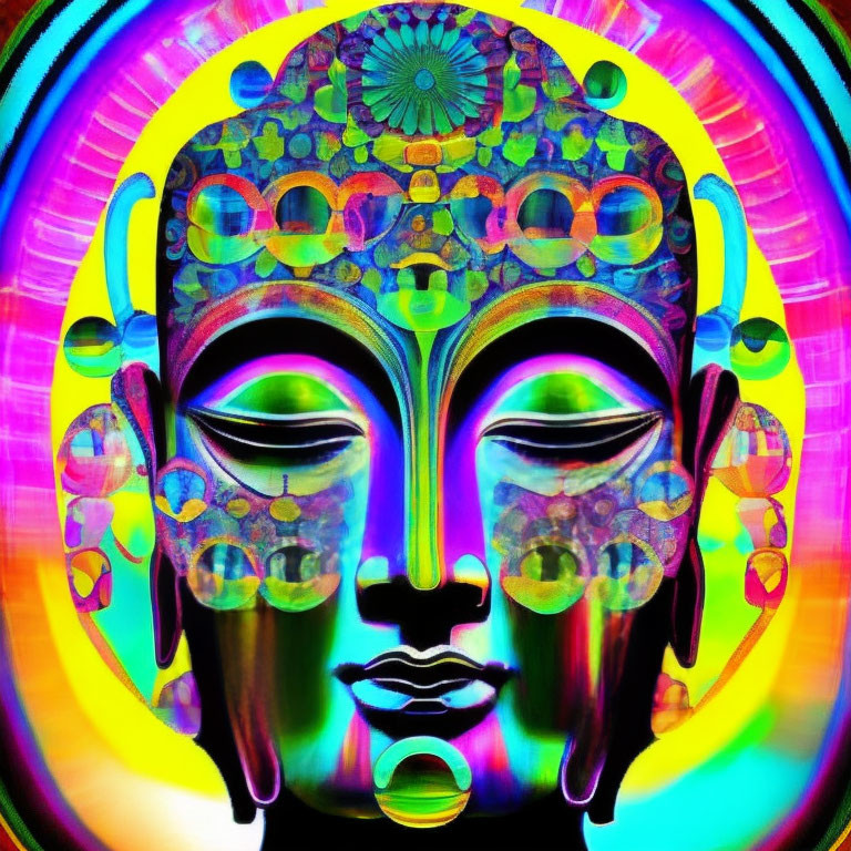 Colorful psychedelic Buddha face with neon patterns and glowing aura.
