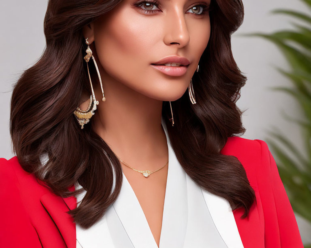 Woman with wavy brown hair in white top and red blazer, gold earrings.