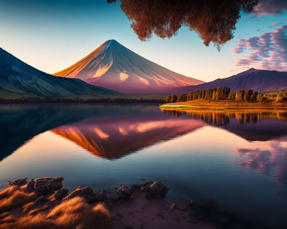 Symmetrical Snow-Capped Mountain Reflected in Tranquil Lake at Dawn