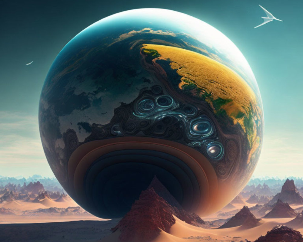 Gigantic glossy Earth-like sphere in surreal desert landscape