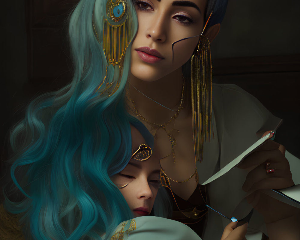 Stylized portrait of two individuals with teal and dark hair and gold jewelry, holding paintbrushes
