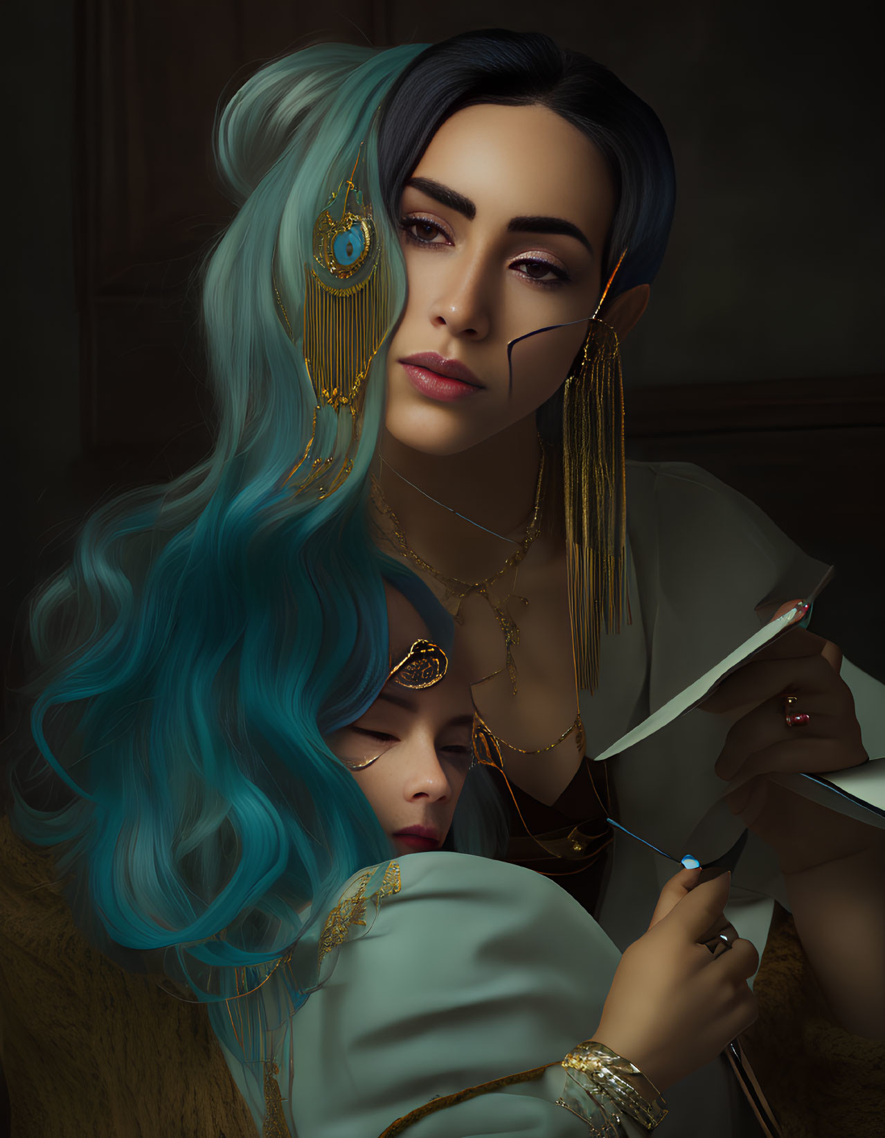 Stylized portrait of two individuals with teal and dark hair and gold jewelry, holding paintbrushes
