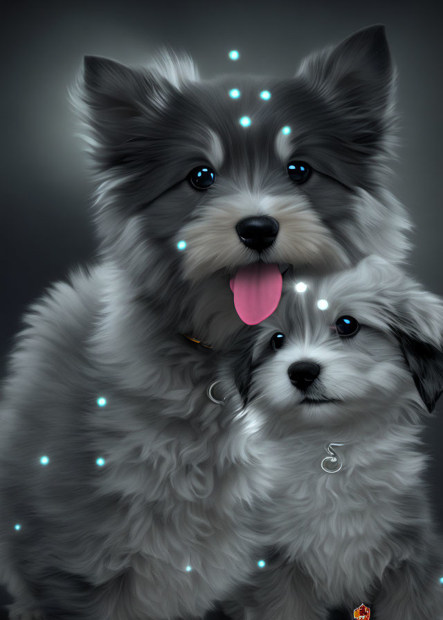 Cartoon-style dogs with blue twinkling lights on fur