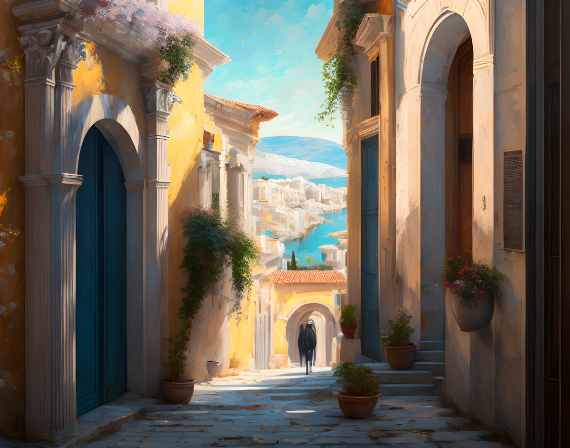 Tranquil alleyway with person walking towards sea in vibrant Mediterranean setting
