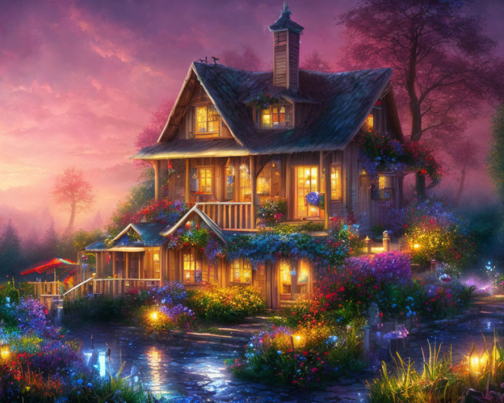 Charming two-story cottage at dusk with vibrant flowers & purple sky
