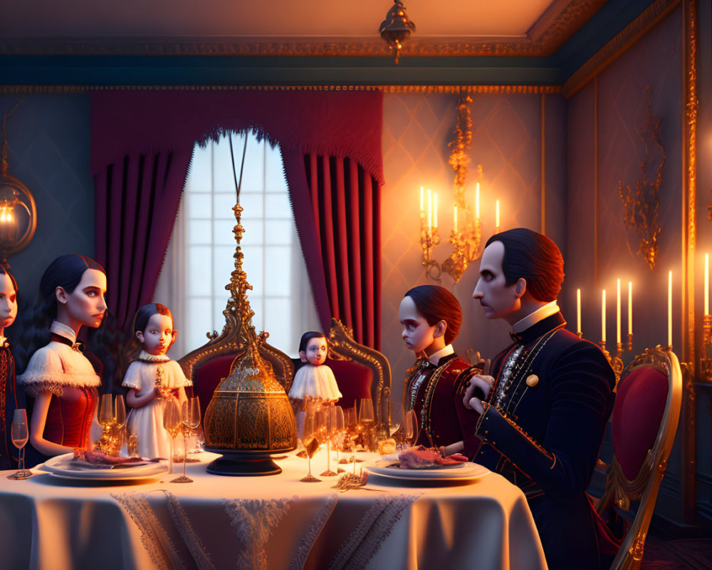 Victorian family dinner scene in opulent setting