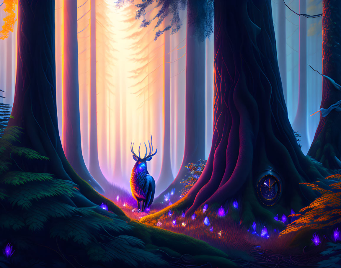 Majestic stag in vibrant enchanted forest with glowing purple flora