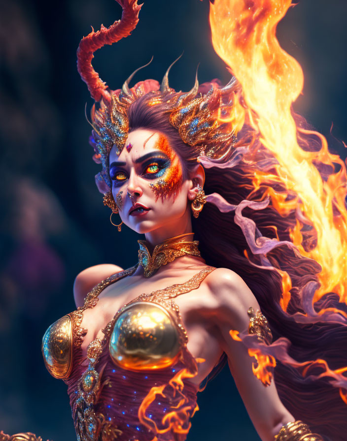 Fantasy character with gold attire, fiery hair, horns, fierce expression