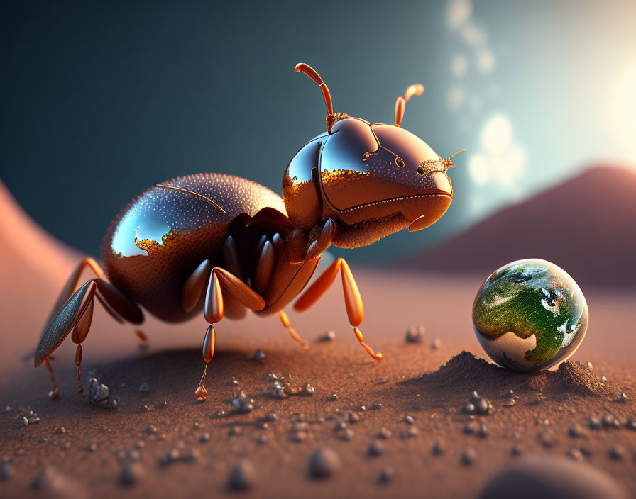 Hyper-realistic image: Giant ant next to miniature Earth on sandy surface under warm, glowing sky