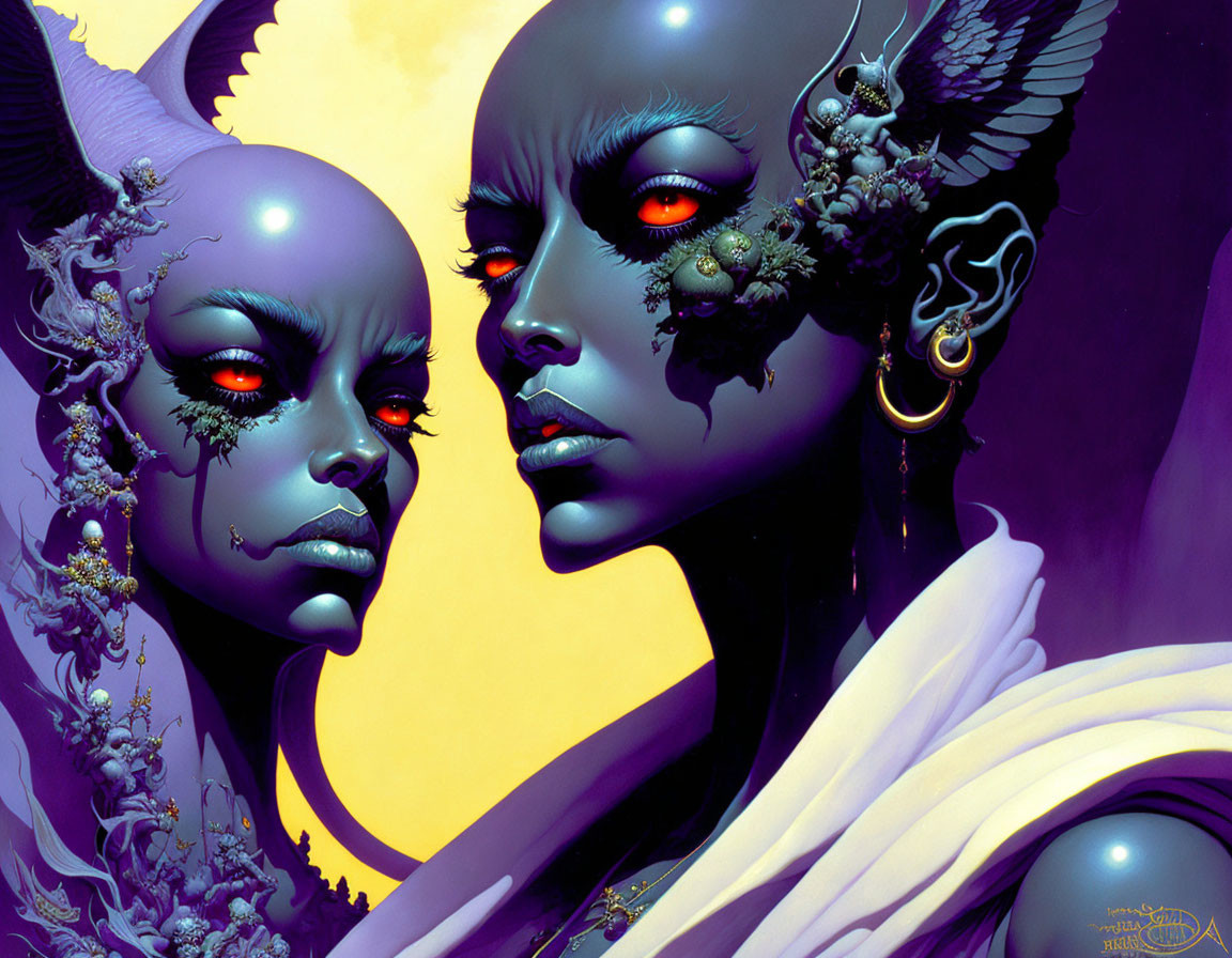 Purple-skinned humanoid figures with red eyes and intricate horn and jewelry details on purplish backdrop.