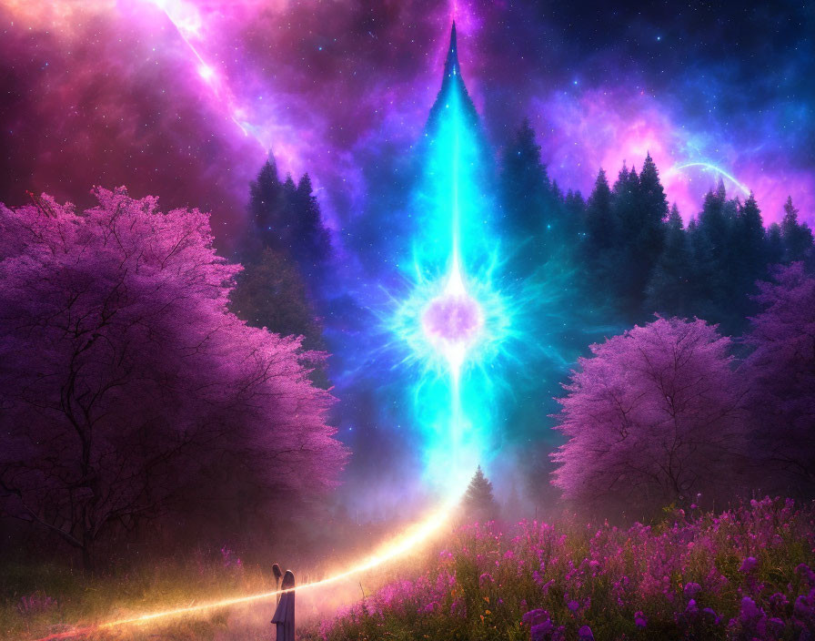 Person standing on path under blooming trees gazing at radiant, spiraling night sky portal