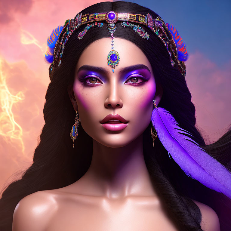 Digital portrait of a woman in purple makeup with jewelry and feather, under a lightning sky