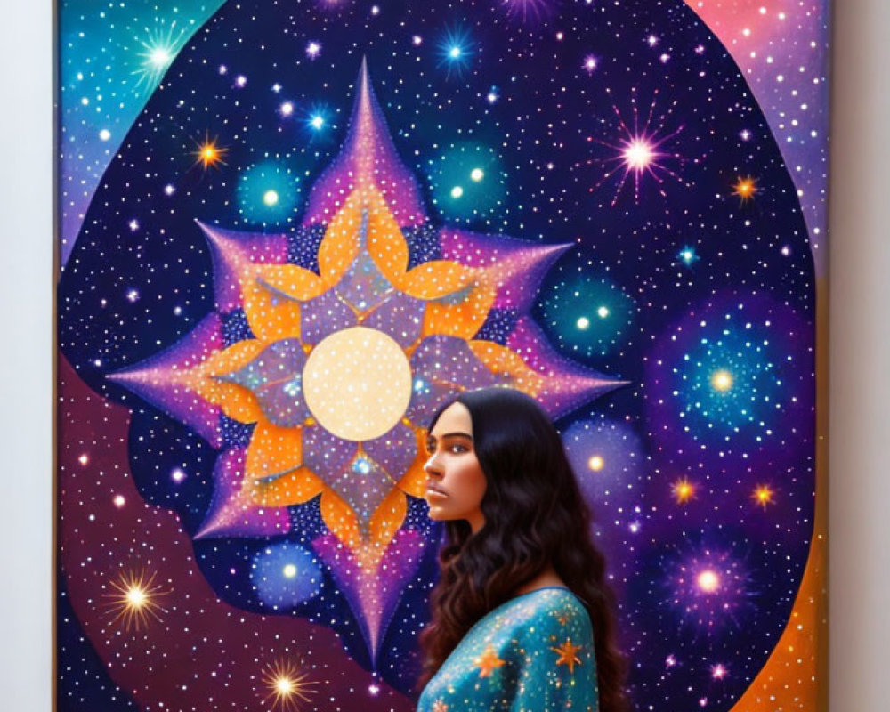 Woman in Star-Patterned Outfit Beside Cosmic-Themed Painting