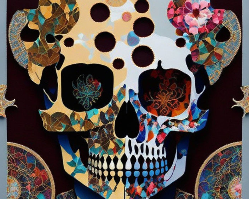 Colorful Mosaic Style Skull with Patterns and Flowers on Dark Background
