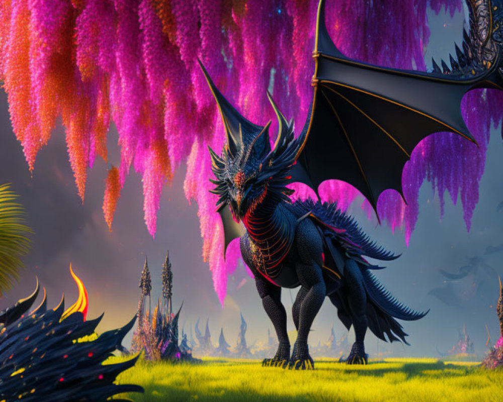 Majestic dragon in vibrant pink landscape