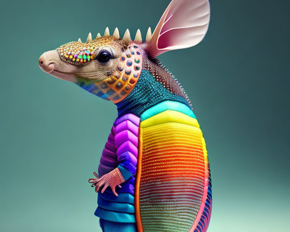 Colorful armadillo illustration with rainbow shell and bejeweled head on teal backdrop