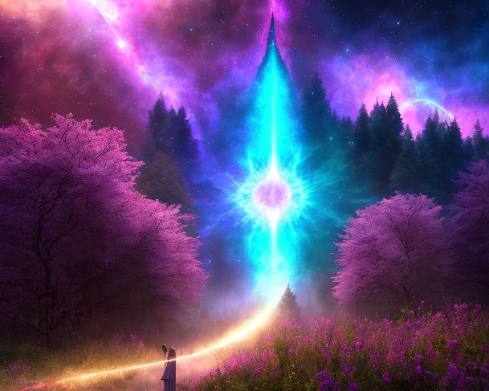 Person standing on path under blooming trees gazing at radiant, spiraling night sky portal
