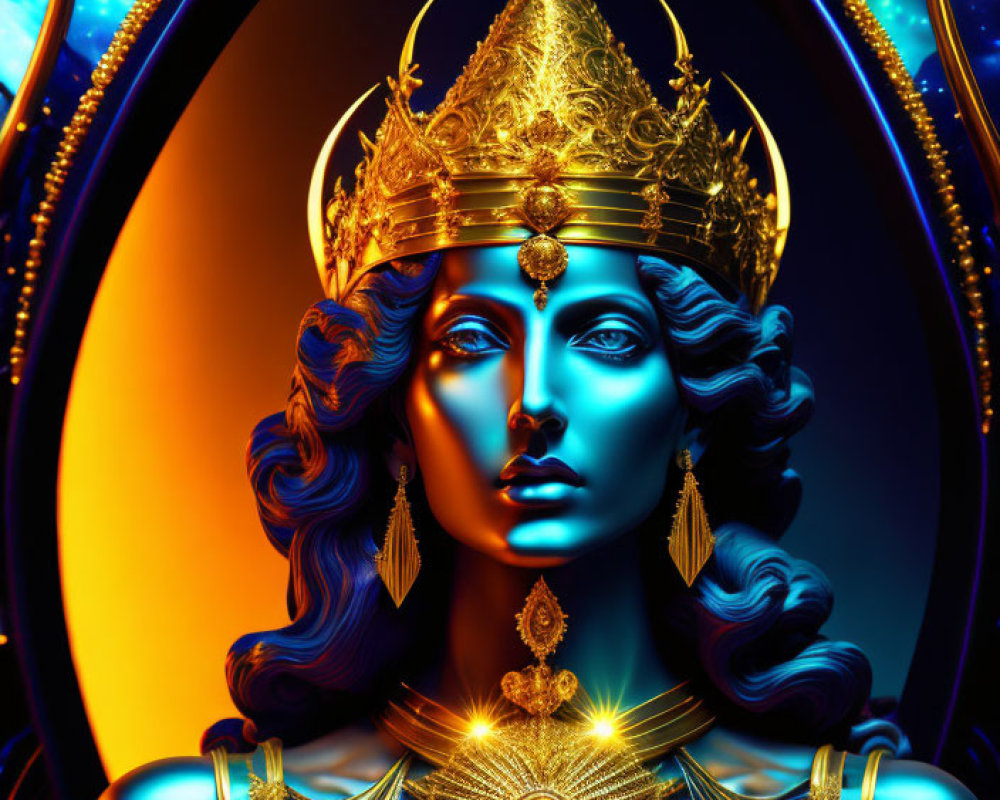 Blue-skinned female figure with golden headdress and cosmic backdrop illustration.