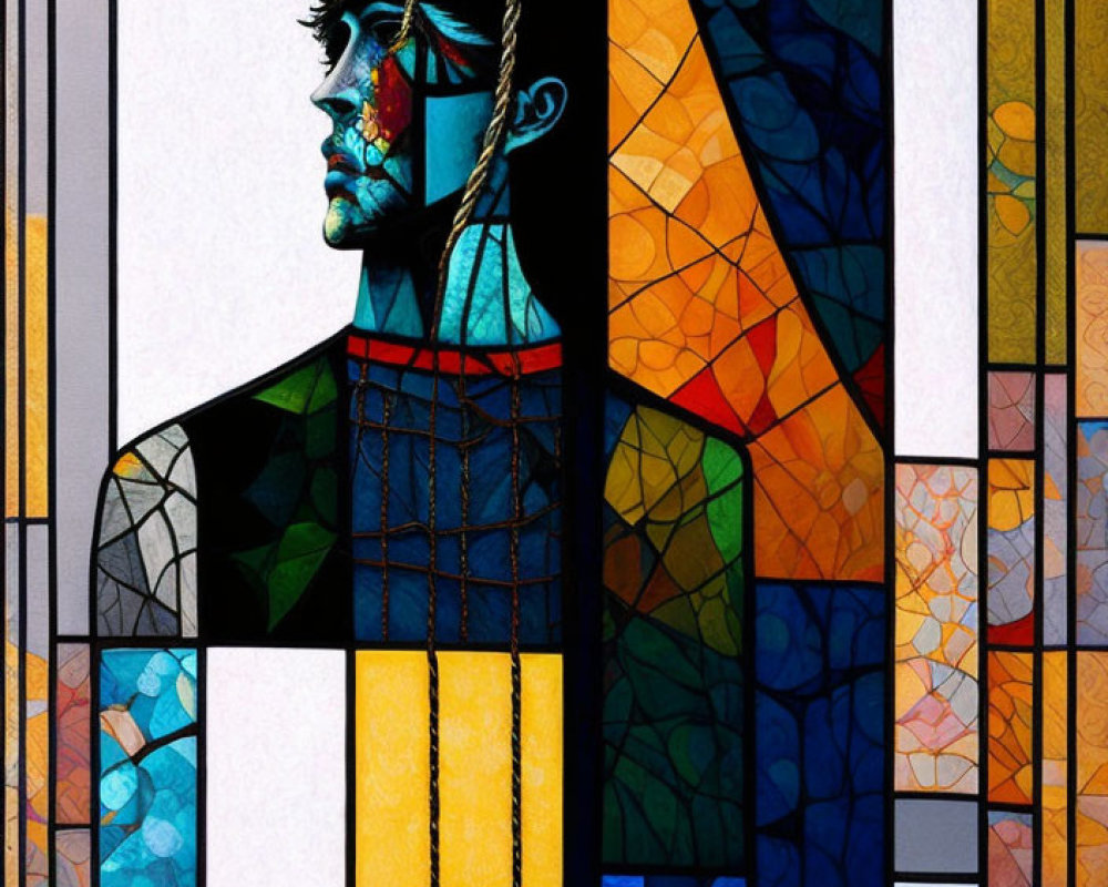 Colorful Geometric Stained Glass Portrait in Blues and Yellows