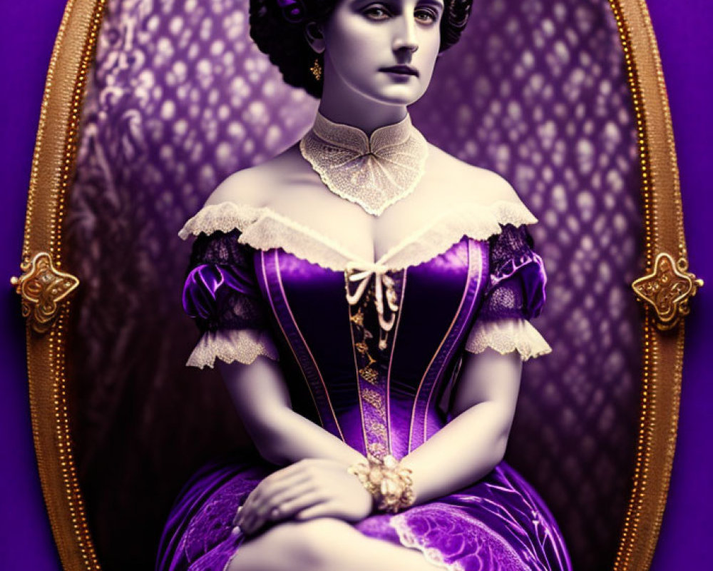Victorian-era woman in purple dress with lace details seated in gold-framed portrait