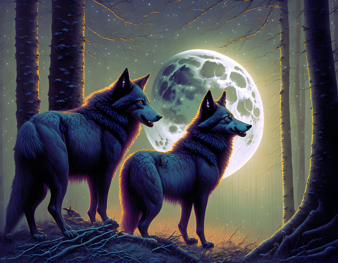 Two wolves under full moon in forest at night