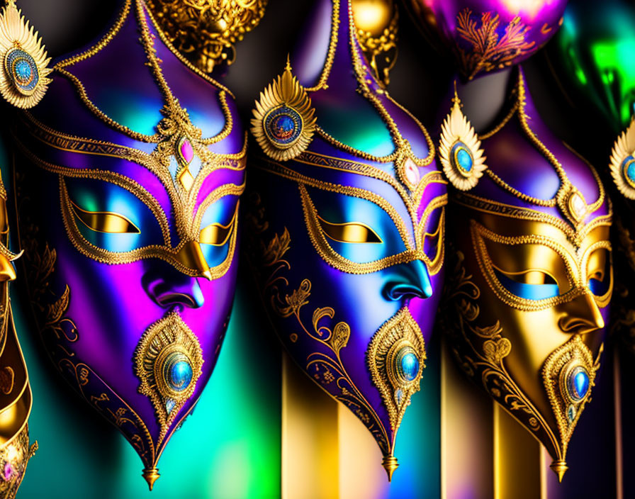 Elaborate Venetian Masks with Gold Trimmings and Gemstone Accents