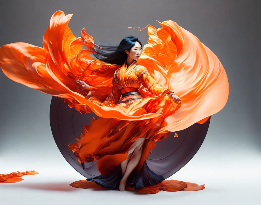 Vibrant orange dress with flowing fabric on woman against neutral backdrop