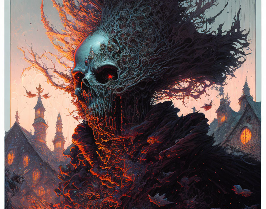 Giant skull engulfed in tree roots with crimson eye in gothic setting