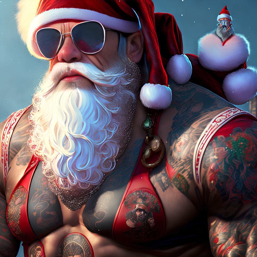 Tattooed Santa with sunglasses and red coat in snowy scene