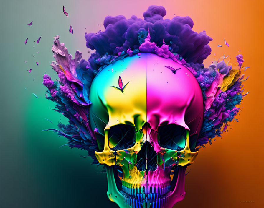 Colorful digital art of a skull with exploding purple clouds and flying birds on gradient background