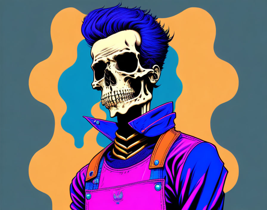 Skeleton with Blue Mohawk in Modern Fashion on Teal Background