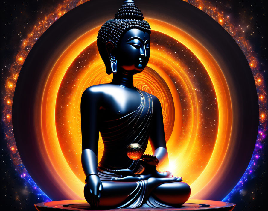 Vibrant digital art: Seated Buddha in meditation with glowing aura