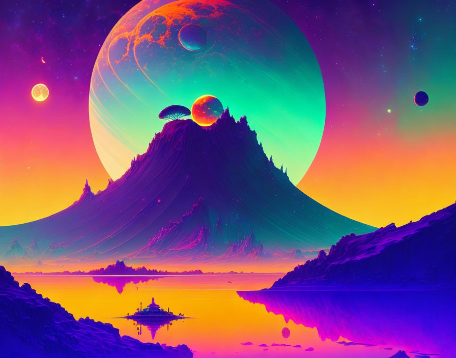 Surreal digital artwork: mountain, moons, planets in purple and orange sky.