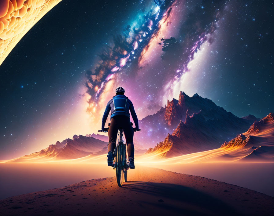 Cyclist on desert planet with rugged mountains under cosmic sky