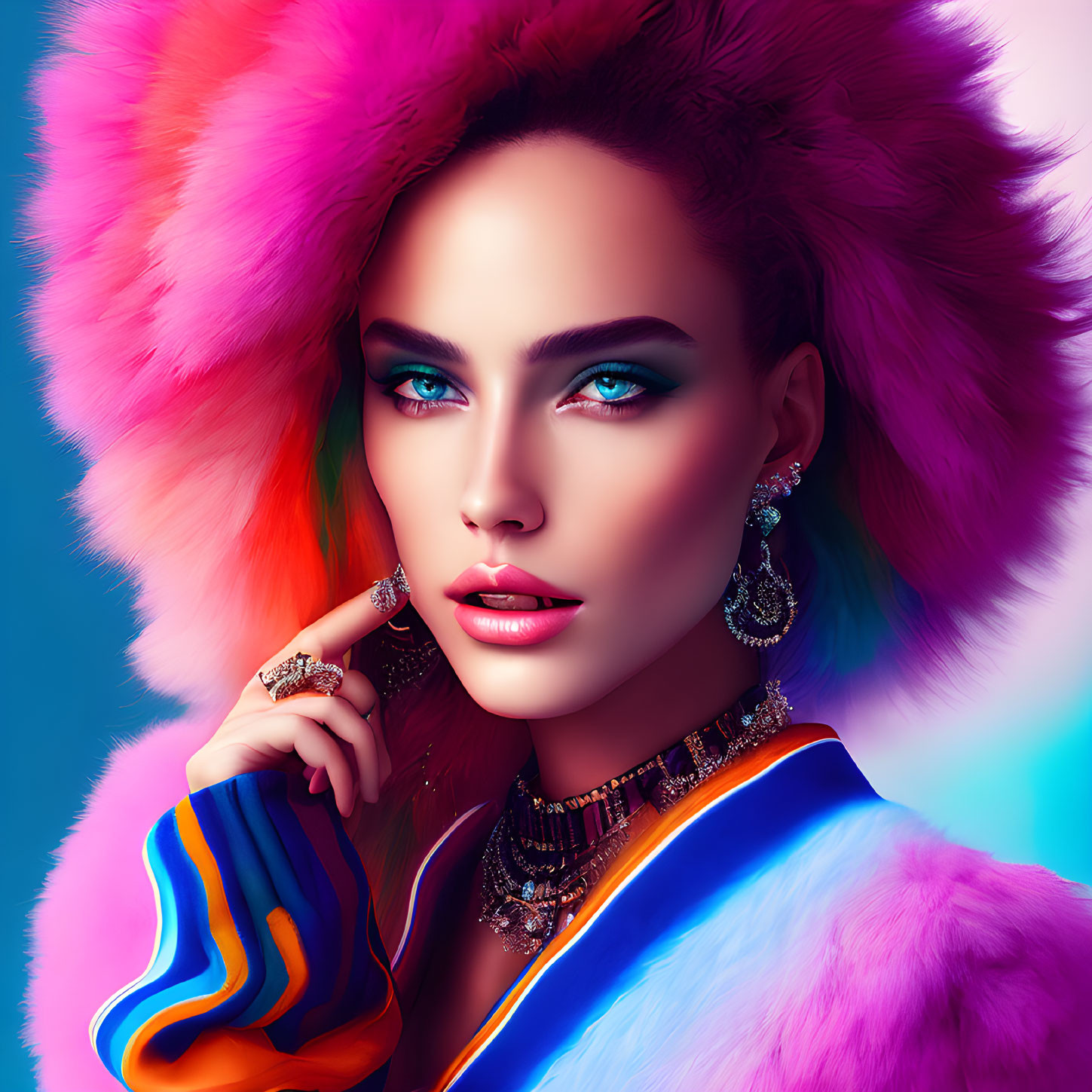 Vibrant makeup woman in colorful fur and attire