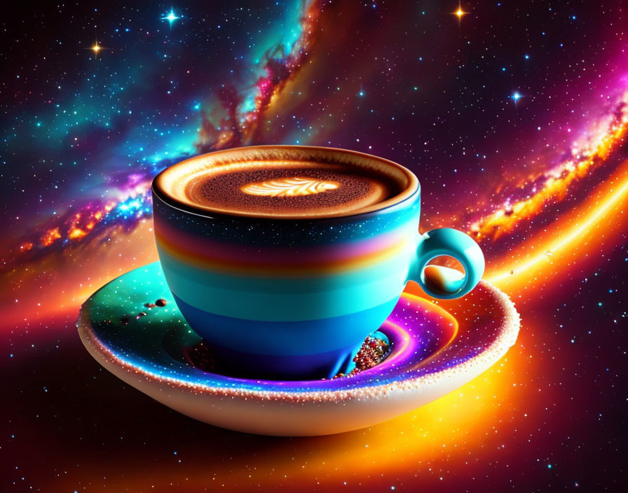 Colorful Coffee Cup Against Cosmic Background: Swirling Galaxies and Stars