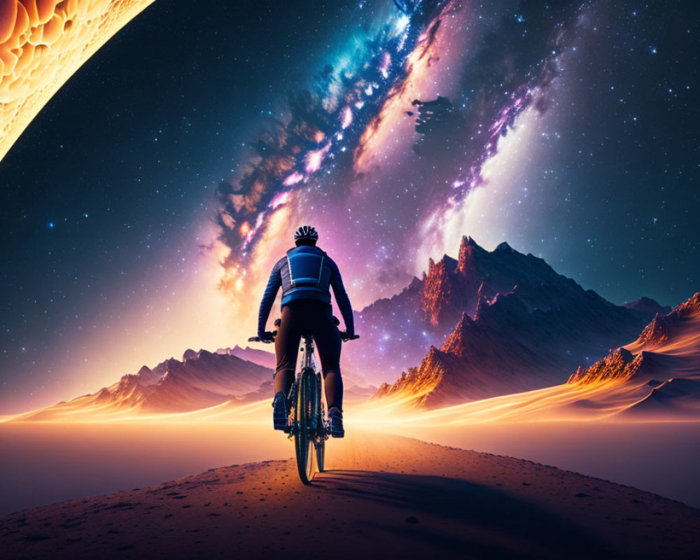 Cyclist on desert planet with rugged mountains under cosmic sky