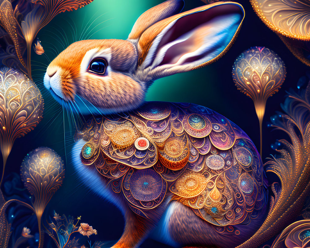Fantasy rabbit digital art with ornate patterns and colorful foliage.
