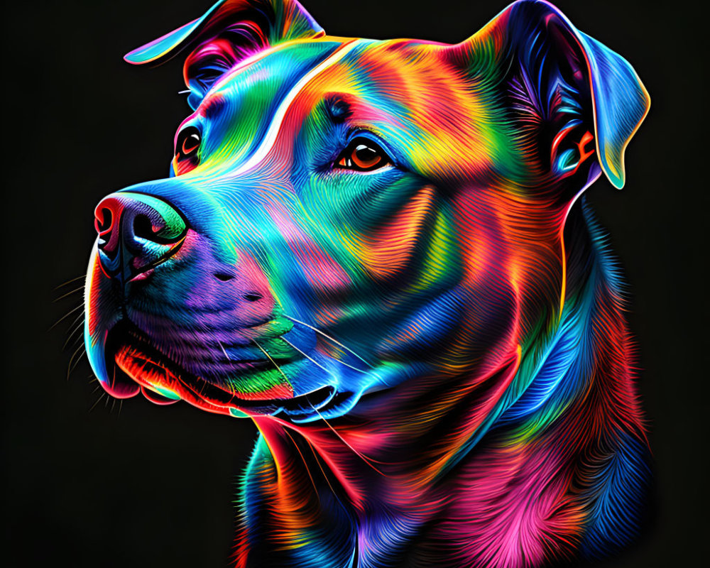 Vibrant digital dog illustration with neon outlines on black background