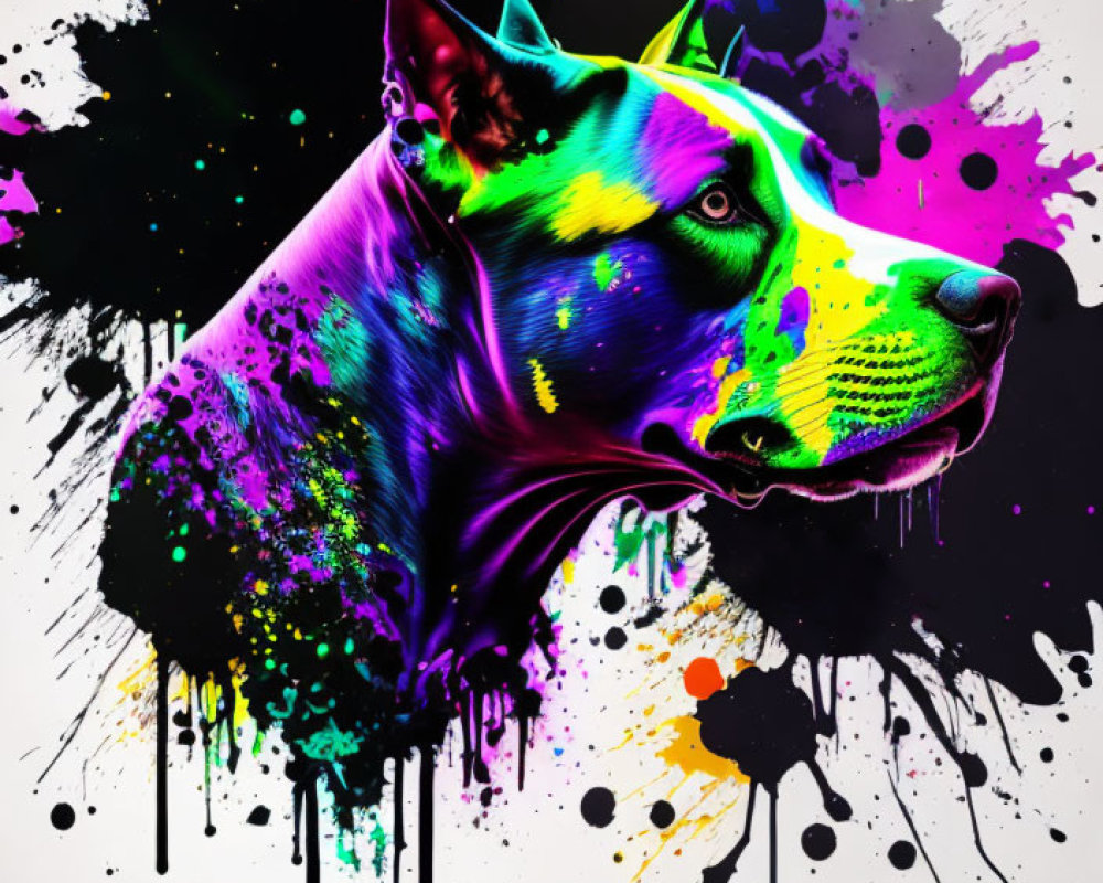 Vibrant Dog Profile Artwork with Colorful Paint Splashes and Ink Drips