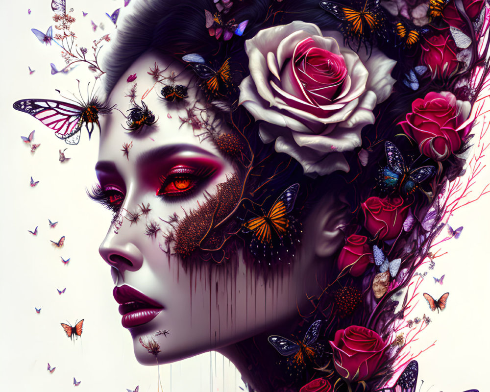 Surreal portrait of woman with red eyes, flowers, butterflies
