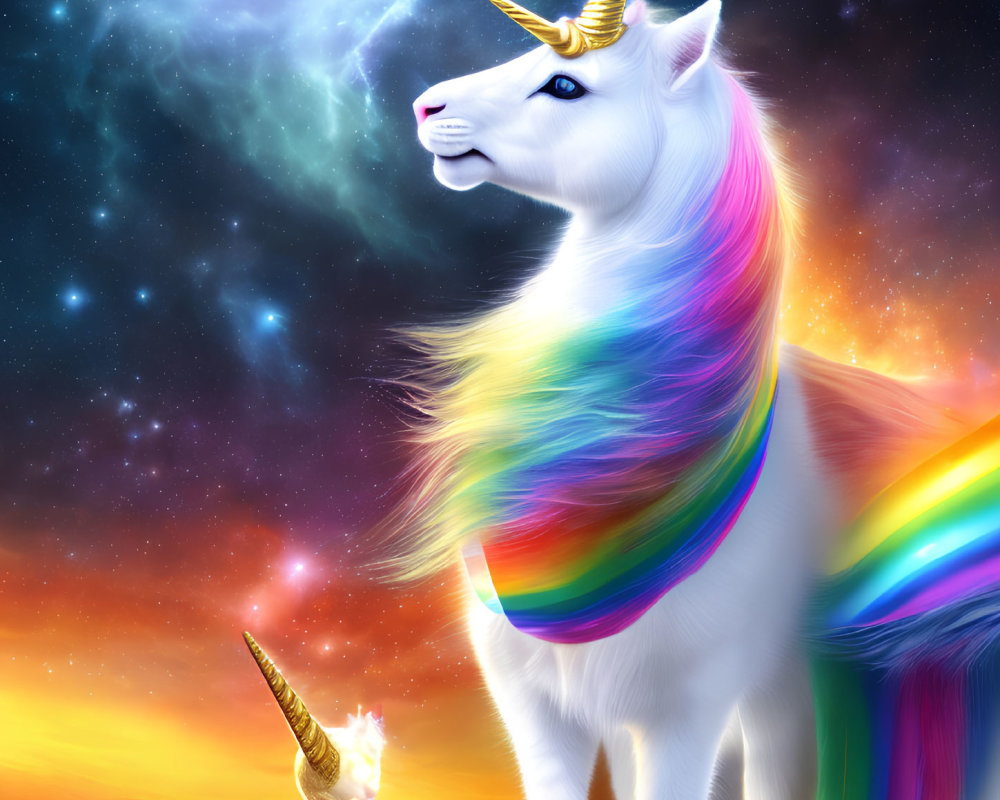 Colorful Unicorn Digital Art with Rainbow Mane in Cosmic Sky